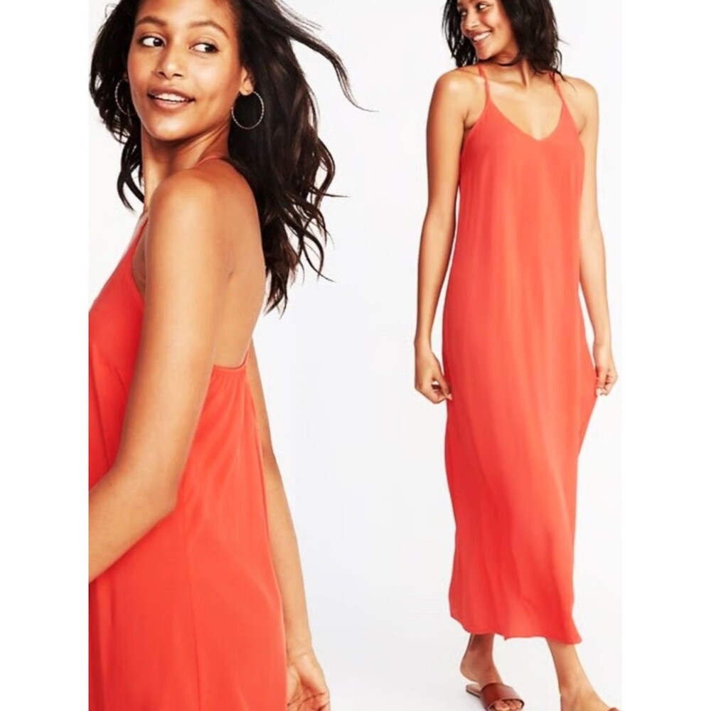 Old Navy Coral Orange V Neck Slip Sleeveless Maxi Dress Size Medium